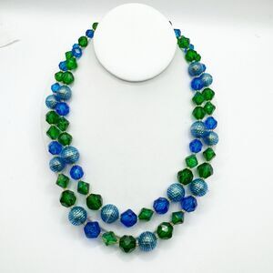 West Germany Vintage Blue Green Lucite Faceted Beaded Necklace 2 Strand MCM